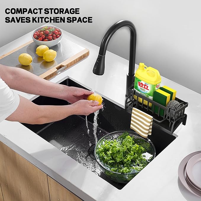 Sponge Holder for Kitchen Sink Sponge Holder,Sponge Caddy for Kitchen Sink Organizer with Auto Drain Tray (Carbon Steel)