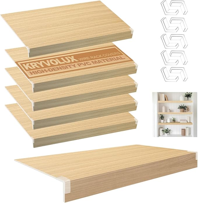 5 Pcs Wire Rack Covers 36x12x2.5 inch PVC Pantry Shelf Cover 0.31 inch Thick Removable Closet Wire Rack Shelf Covers,Decoration Kitchen Bathroom Office Shelving (Wood Color,36x12x2.5inch)