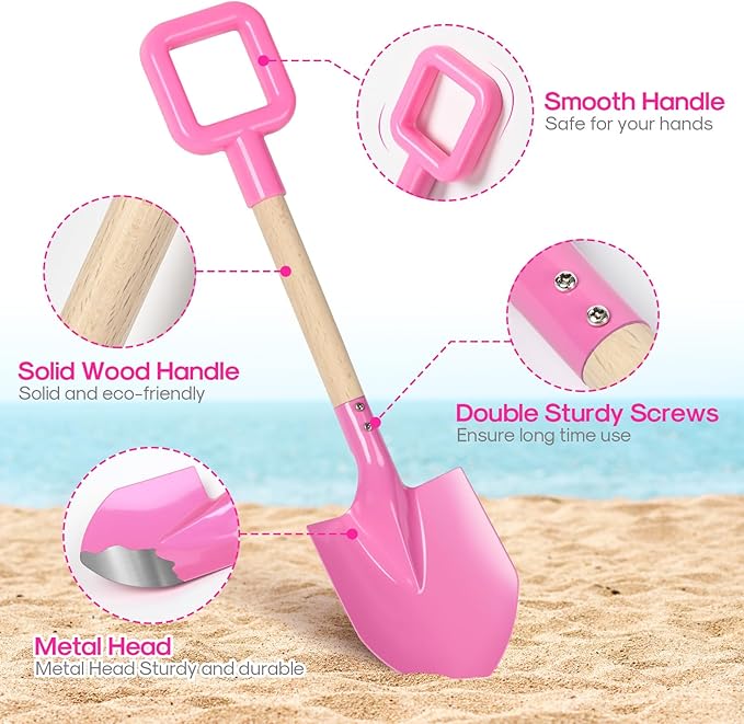 Dsmile 3Pcs Long Beach Shovels 16" Metal Kids Beach Spades Sand Shovels Toys with Wood Handle for Digging Shoveling Snow Sandbox Toys Set for Kids & Adults