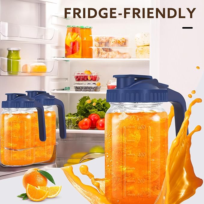 Mihlapi Glass Pitcher with Lid, 64 OZ Mason Jar Pitcher Double Leak Proof, 2 Quart Breast Milk Storage Containers for Fridge, Wide Mouth Glass Jar for Sun Tea, Juice, Cold Brew Coffee