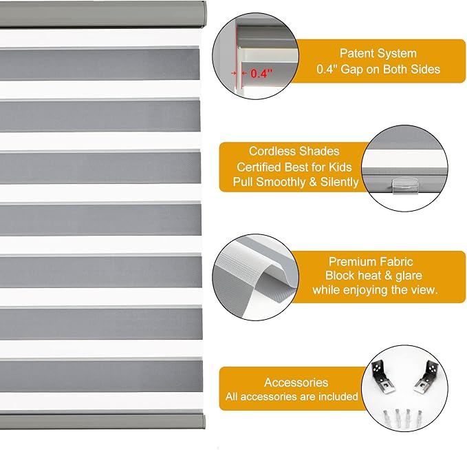 Persilux Cordless Zebra Blinds for Windows (59" W X 47" H, Grey) Free-Stop Dual Layer Roller Windows Shades for Day and Night, Light Filtering Sheer Shades for Home, Easy to Install