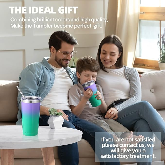 Volhoply 20oz Stainless Steel Tumbler with Lid and Straw Bulk 8 Pack,Double Wall Insulated Travel Iced Coffee Mug Fits Cup Holder,Powder Coated Cups for Cold Drinks,Christmas Gifts（Purple Green,8 Set）