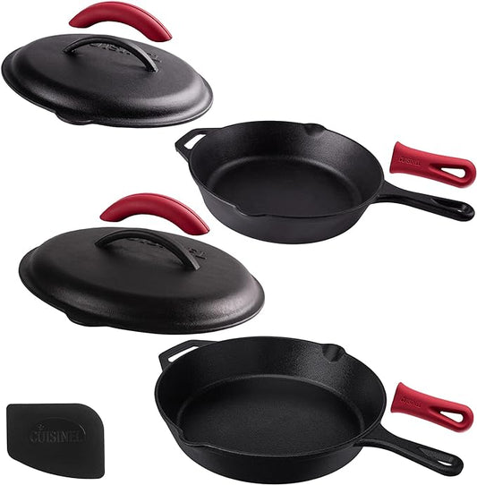 Cast Iron Skillet Set with Lids - 10"+12"-inch Pre-Seasoned Covered Frying Pan Set + Silicone Handle and Lid Holders + Scraper/Cleaner - Use Indoor/Outdoor, Oven, Stovetop, Fire, BBQ Kitchen Cookware