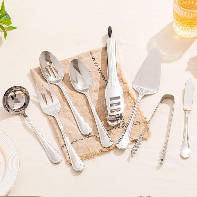 KINGSTONE 8 Piece Teardrop Serving Utensils Set, 18/10 Stainless Steel Serving Utensils, Slotted Spoons, Forks, Tongs, Cake Server, Butter Knife for Buffet, Catering, Wedding, Party