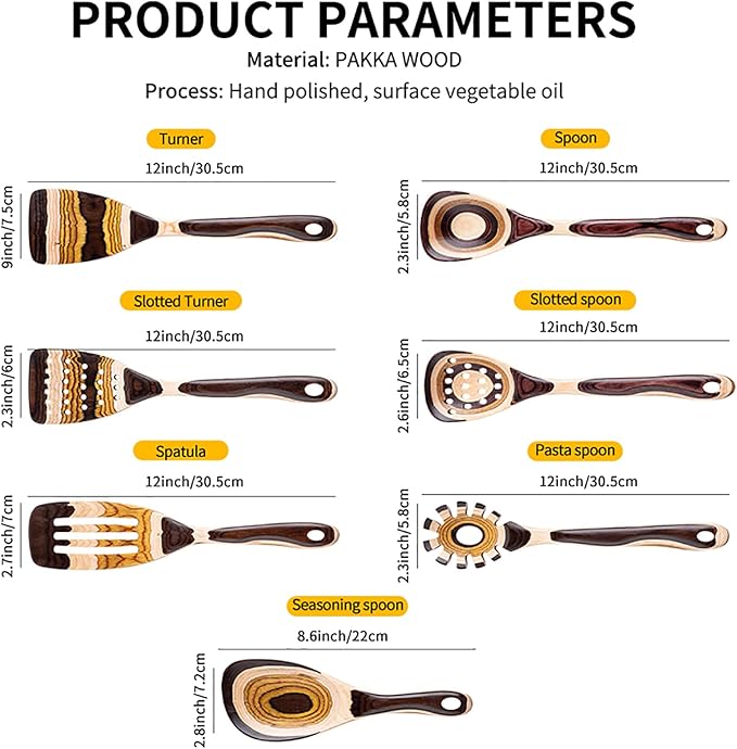 Gudamaye 7-Piece Brown Pakkawood Utensils Set – Sturdy, Eco-Friendly, Wooden Spoons for cooking, Wooden Utensil for cooking, Wooden Kitchen Tool, Home & Kitchen Gifts for Men and Women
