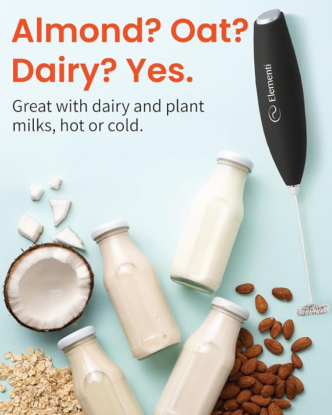Elementi Electric Milk Frother Handheld - Make Creamy Lattes, Delicious Cappuccinos and Perfect Drinks - Compact Mixer & Coffee Stirrer with Whisk (White)