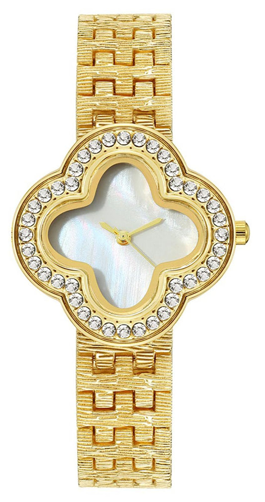 ADSBIAOYE Unique Clover Womens Gold Wrist Watches Ladies Vintage Diamond Watch Fashion Stainless Steel Waterproof Dress Quartz Gift Watches for Women (01 White)