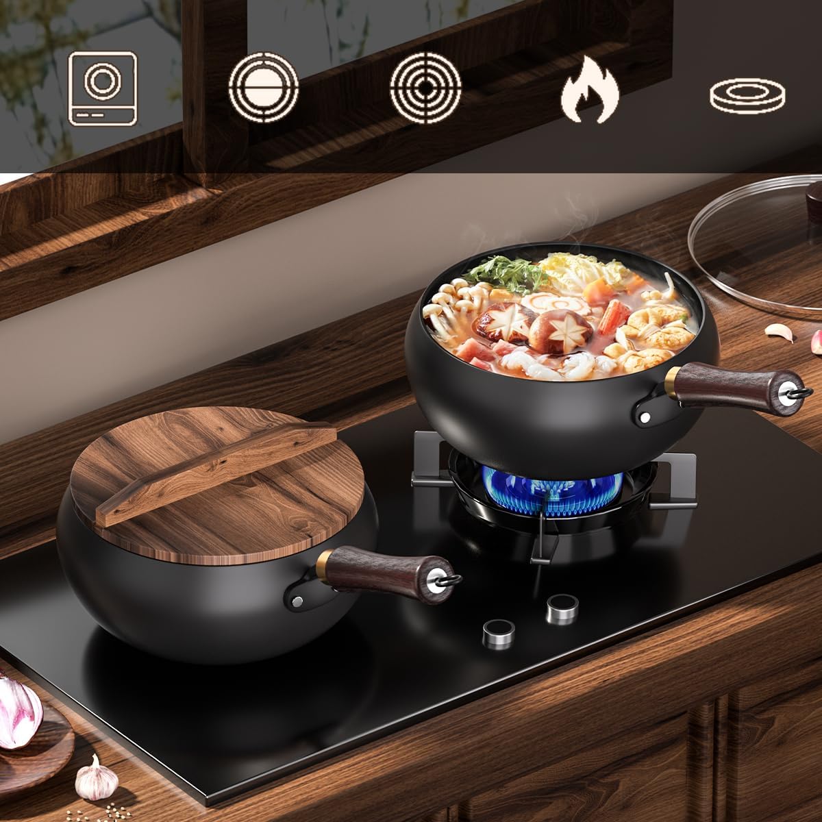 Pure Iron Wok, Uncoated Heats Evenly Multi-Purpose Frying Pan, Suitable for Any Stove, Oven or Even Camping Campfire with Lid and Wooden Handle