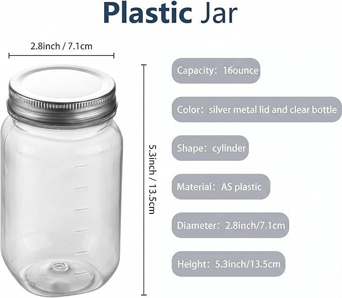novelinks 16 oz Clear Plastic Jars with Lids, Refillable 16oz Mason Jars with Lids & Storage Containers for Kitchen & Household Use (20 Pack,Silver)