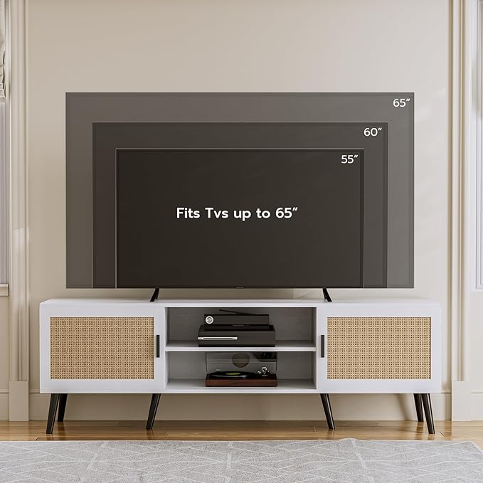 TV Stand for TVs up to 65'', Mid Century Modern Entertainment Center with Rattan Door, Shelves & 2 Cabinets, Boho Media TV Console for Living Room, Bedroom, White