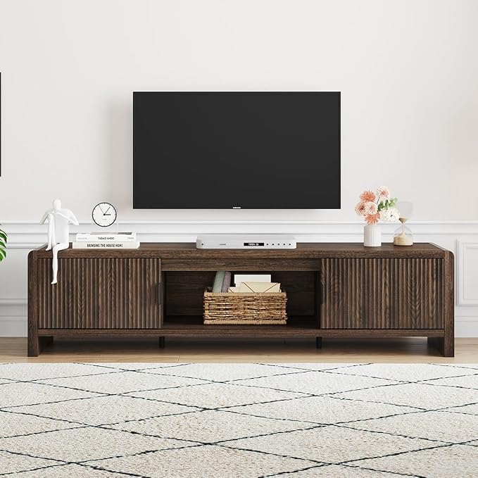 FATORRI TV Stand for 75/65/55 Inch TVs, Mid Century Modern Entertainment Center with Storage, Wood Waveform Fluted-Door Television Media Console for Living Room, Bedroom (63 Inch W, Dark Walnut)