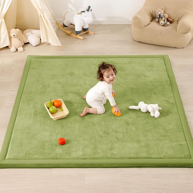 1.3" Thick Baby Play Mat for Floor, 39x59 Foam Tummy Time Mat, Padded Support Soft Plush Nursery Rug for Infant Kids Toddler Crawling Kick Activity (Olive Green)