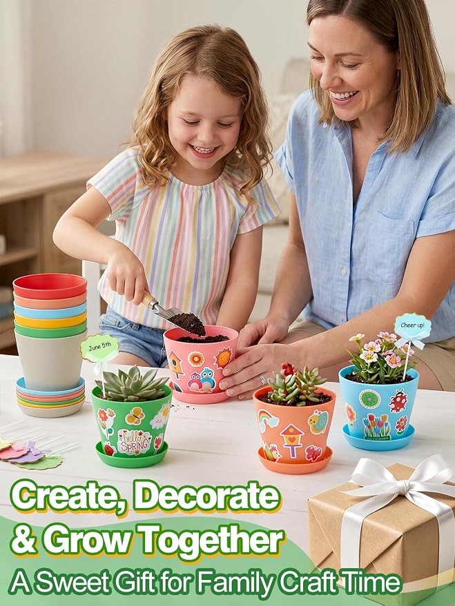 Cosweet 36 Pack Durable Resin Garden Pot Craft Kit for Kids | Colorful Flower Plant Crafts with Trays, Stickers & Blank Labels, Art Activities for Classroom School Home DIY Gifts 4+ years