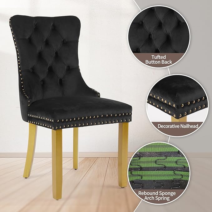 Velvet Dining Chairs Set of 6, Upholstered Dining Room Chairs with Lion Head Pulls Ring and Golden Solid Wood Legs, Modern Button Tufted Kitchen Chairs for Dining Room, Kitchen(Black)