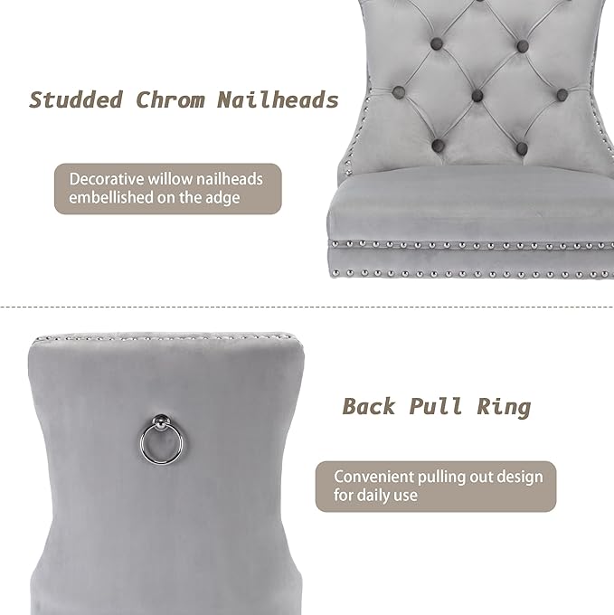 KCC Velvet Dining Chairs Set of 2, Upholstered High-end Tufted Dining Room Chair with Nailhead Back Ring Pull Trim Solid Wood Legs, Nikki Collection Modern Style for Kitchen, Light Grey