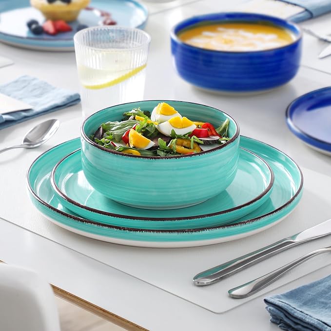 vancasso Bonita Dinnerware Sets 24 Pieces, Blue Stoneware Dishes Set for 6, Dinner Platers with Bowls Set, Dishwasher and Microwave Safe