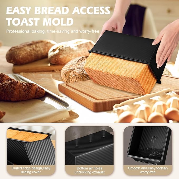 2Pack Large Bread Pan with Lids – 2.2LB Dough Capacity, Non-Stick Carbon Steel Bread Pans for Homemade Sandwich and Sourdough Bread, Corrugated Toast Mold (Black)