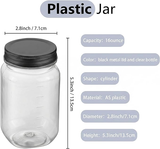 novelinks 16 oz Clear Plastic Jars with Lids, Refillable 16oz Mason Jars with Lids & Storage Containers for Kitchen & Household Use (10 Pack,Black)
