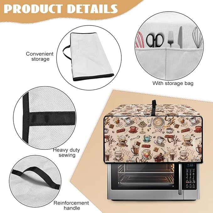 Toaster Oven Dust Cover Small Kitchen Appliance Cover for Countertop Convection Ovens,Small Appliances, L, 18.5 x 22.5 x 13 inches, Coffee Chocolate Print Beige