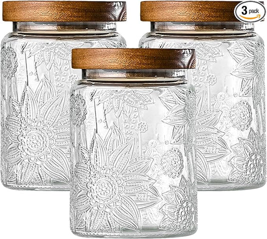 Adodeen 3-Pack 24oz Vintage Glass Jar With Lid, Glass Storage Containers, Airtight Kitchen Storage Containers For Sugar, Coffee, Tea, Spice, Flour, Candy Cookie, Pasta, Cereal