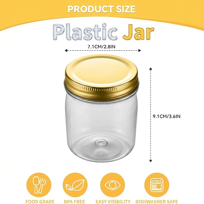 novelinks 8 oz Clear Plastic Jars with Airtight Lids, 16 Pack Plastic Mason Jars with Lids 8oz, Refillable Storage Slime Containers & Small Spice Jar for Kitchen Organization (16 Pack,Gold)
