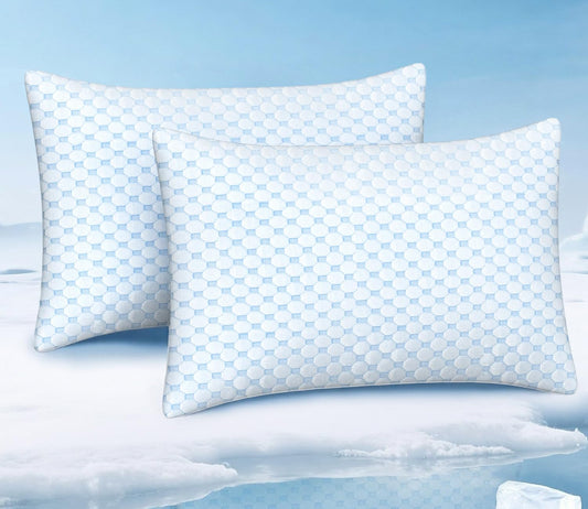 Favocama Cooling Pillow for Sleeping, Shredded Memory Foam Pillows Queen Size Set of 2, Double Sided Cooling Bed Pillows for Hot Sleepers, Side Back and Stomach Sleepers