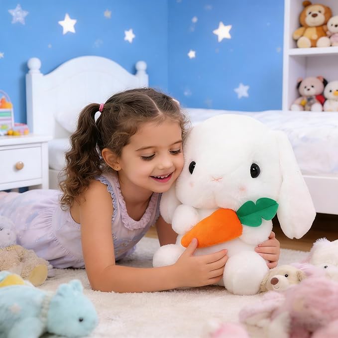 HOUPU Soft Toy - Sitting Lop Eared Rabbit, Easter White Rabbit Stuffed Bunny Animal with Carrot Soft Lovely Realistic Long-Eared Standing Pink Plush Toys (White-Carrot,16.9in/43cm)