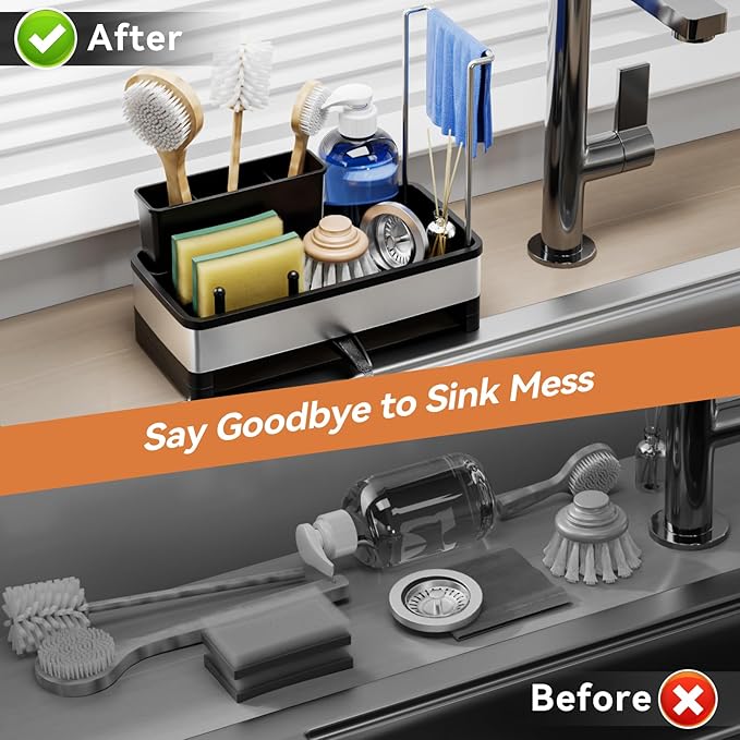 Sponge Holder for Kitchen Sink, Rustproof Stainless Steel Sink Caddy with Auto-Drain, Removable Brush Holders, Soap and Dishcloth Organizer, Black