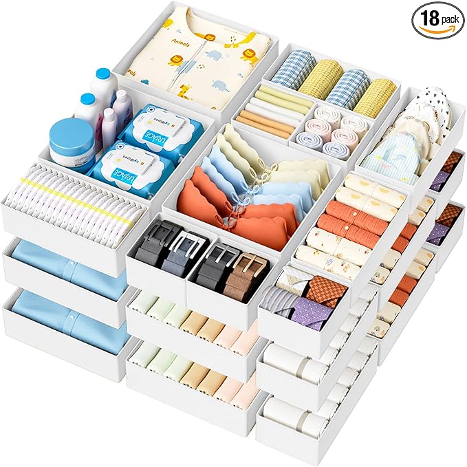 DIMJ Drawer Organizer Clothes Storage - 18 Pack Baby Dresser Organizer for Nursery, Foldable Closet Drawer Organizer Bins for Bedroom Organization, Fabric Storage Dividers for Socks, Underwears, Bras
