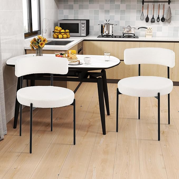 Giantex Boucle Dining Chairs Set of 2, Upholstered Round Kitchen Chair with Curved Backrest & Metal Legs, Modern Armless Side Chair, White Sherpa Accent Chairs for Dining Room