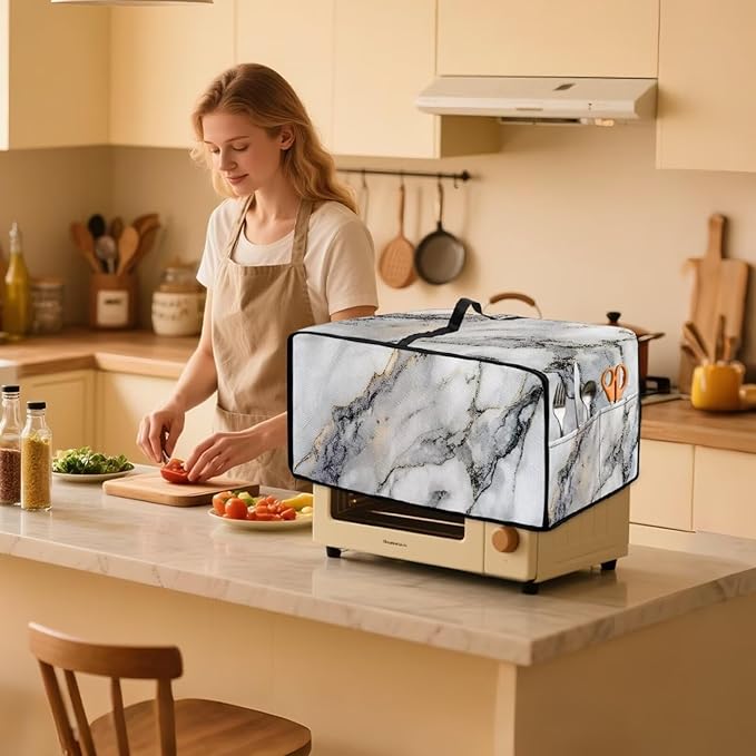 Toaster Oven Dust Cover Washable Fabric Convection Oven Cover Protector Compatible with Various Small Kitchen Appliances, S, Gray White Marble