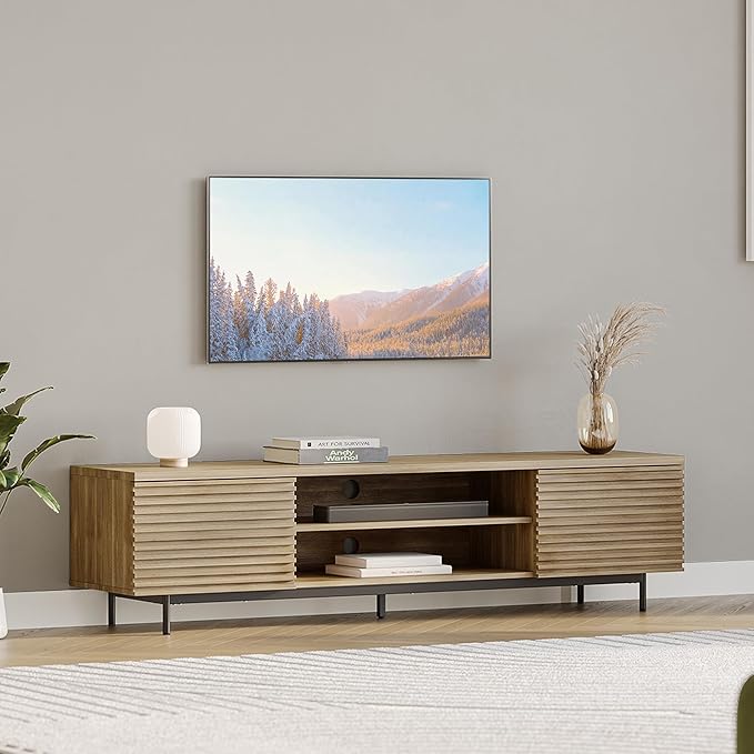 BELLEZE Fluted TV Stand for TV up to 75", Modern Entertainment Center with Storage Media Console Table with Cable Management, Wood TV Cabinet for Home Living Room Bedroom(Camel), 68"x15.6"x17.2"