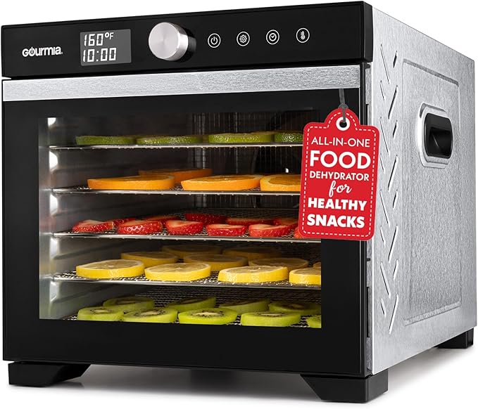 Gourmia Digital Food Dehydrator – 6 Stainless Steel Trays, 360° Airflow, One-Touch Presets, Adjustable Temp 95–165°F, Timer, Glass Door, Quiet Operation, 600W – Healthy Snacks, Jerky, Fruits & More