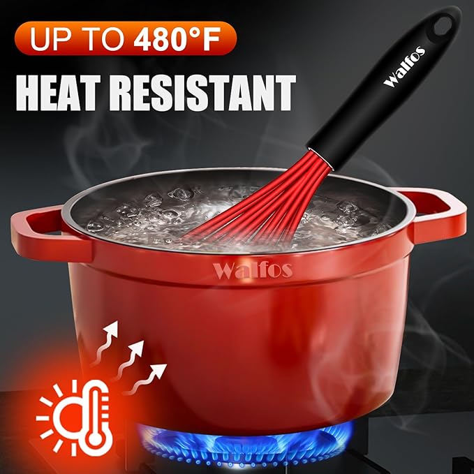 Walfos Whisk,Silicone Whisks- Heat Resistant（480°F） Silicone Whisks for Cooking Non Scratch,BPA free and Dishwasher Safe.Perfect for Blending,Whisking,Beating, Set of 3(Red)