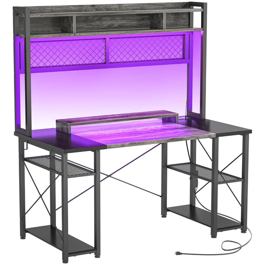 armocity 2024 Upgrade Gaming Desk with Hutch, 48'' Magic Computer Desk with LED and Outlets, Reversible Workstation Desk with Pegboard, Oak and Black