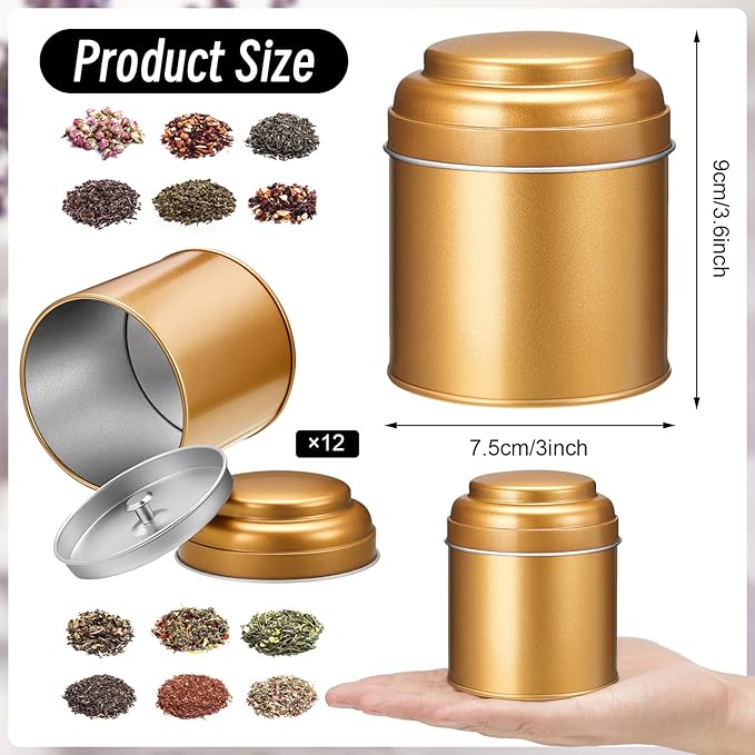 Meanplan 12 Pcs Tea Tin Canister with Airtight Double Lids Round Tin Can Box Small Kitchen Tea Canister Loose Leaf Storage Containers for Loose Bags Coffee Sugar Candy Spices(Bronze Gold,8 oz)