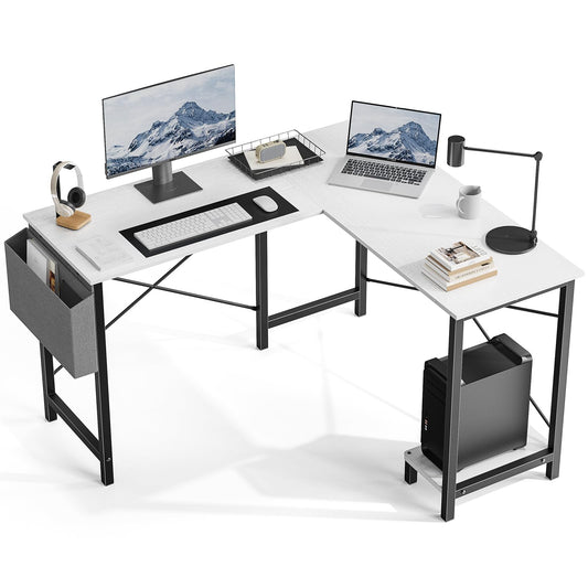 DUMOS L Shaped Desk Computer Gaming Corner Table 50 Inch Home Office Writing Student Work PC Workstation with Side Storage Bag CPU Stand for Bedroom Small Spaces