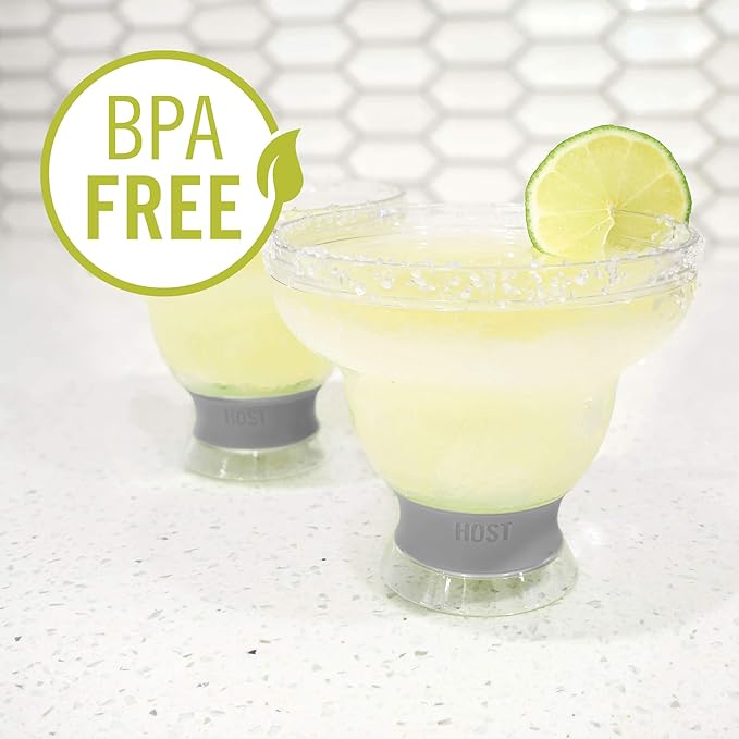 HOST FREEZE Margarita Cocktail Glasses, Frozen Cup Double Wall Insulated Daiquiri Plastic Tumblers Set Fun Tequila Drinking Cups Grey Set of 2