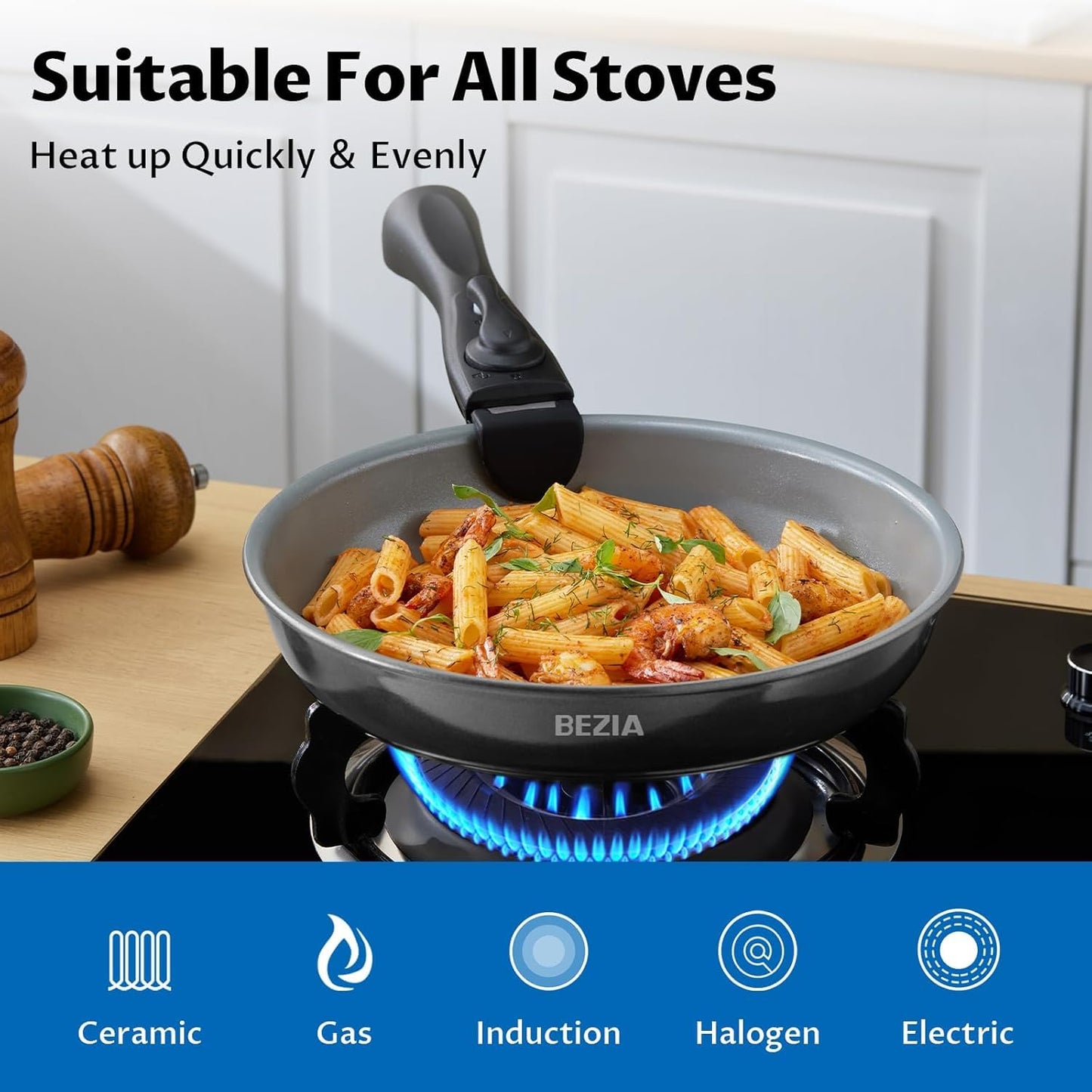 BEZIA Induction Cookware with Healthy Ceramic Coating, Camping Pots and Pans Set Nonstick 10pcs with Detachable Handles, Induction RV Kitchen Set with Removable Handles, Oven Safe
