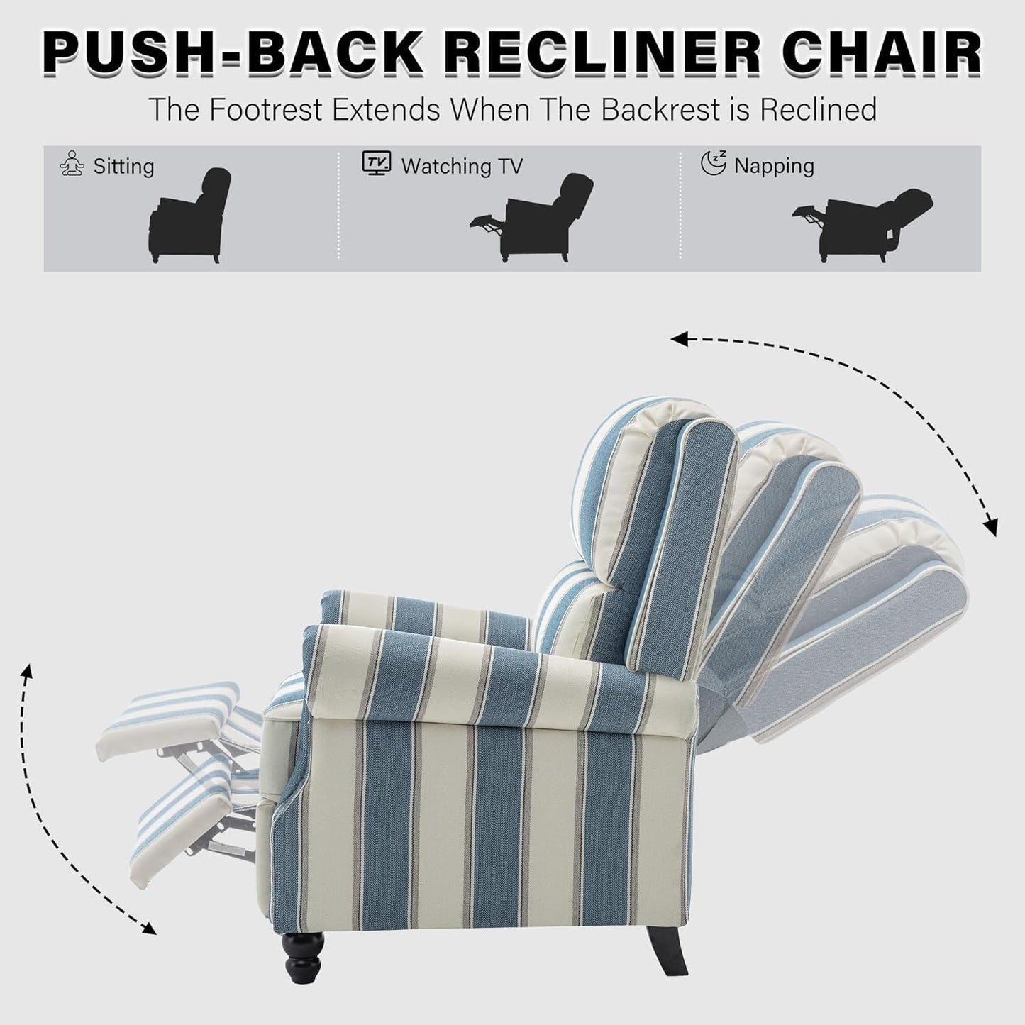 UIXE Pushback Recliner Chairs Set of 2, Fabric Armchair Push Back Accent Chair for Living Room, Rivet Trim Club Chair Overstuffed Home Theater Bedroom Reading Seat - Strip Navy