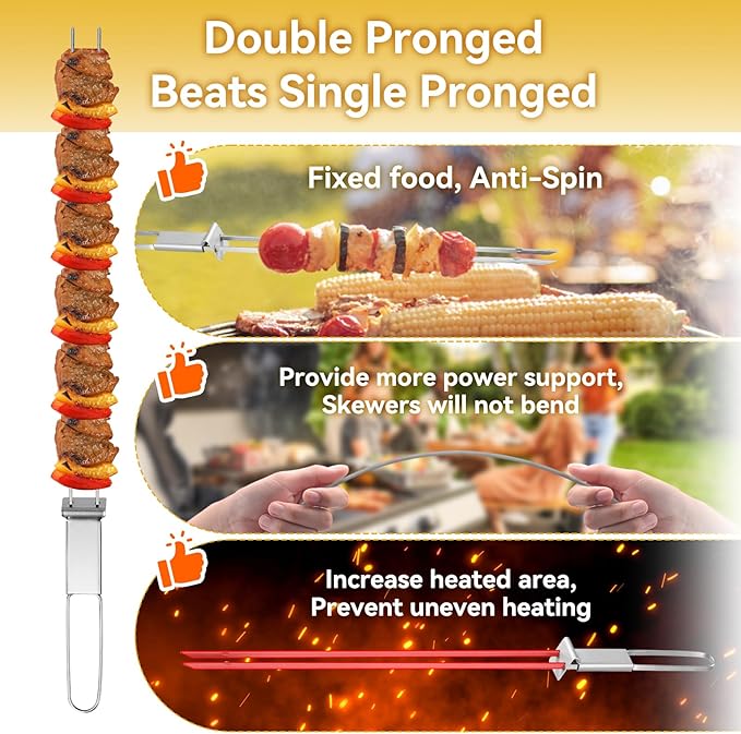 Skewers for Grilling- 17 inch (6 Pack) Double Pronged Flat Stainless Steel BBQ Skewer with Push Bar- Kabob Skewers Skewer Sticks for Camping or family - Reusable, BBQ Accessories