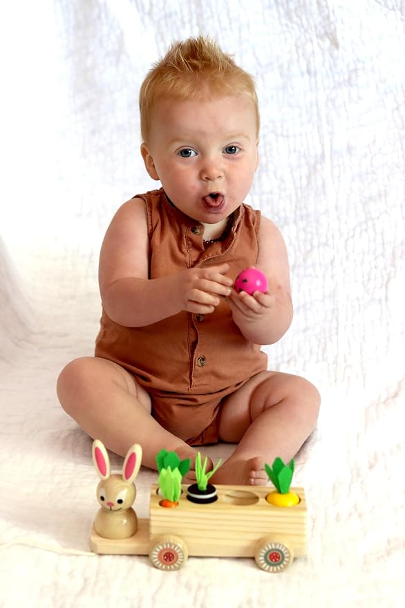 Adventure Awaits! Wooden Rabbit Pull Cart Farm Toy with Removeable Vegetables for Toddlers | Kids Montessori Easter Bunny Shape Sorting Car
