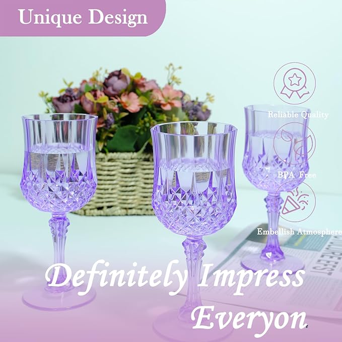 Plastic Wine Glasses, Plastic Goblets Vintage Style Cordial Unbreakable Drinking Glasses, Reusable Drinkware for Wedding Reception, Grand Event Party Supplies (48, Purple)