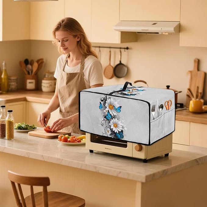 Toaster Oven Cover Dust-Proof Countertop Convection Oven Cover Protective Smart Microwave Oven Accessories and Decor, M, 16.5 x 20.5 x 10 inches, Daisy Butterfly Gray