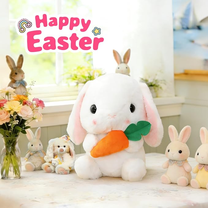 HOUPU Soft Toy - Sitting Lop Eared Rabbit, Easter White Rabbit Stuffed Bunny Animal with Carrot Soft Lovely Realistic Long-Eared Standing Pink Plush Toys (White-Carrot,8.6in/22cm)