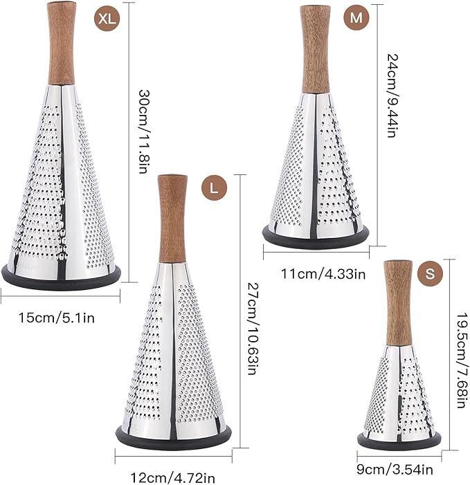 Cone Cheese Grater with Handle - Stainless Steel Triple Function Wood Handle Parmesan Shaver Non-Slip Rubber Bottom Hand Held Multifunction Vegetables Cheese Grater with container (M: 9.4" X 4.3")