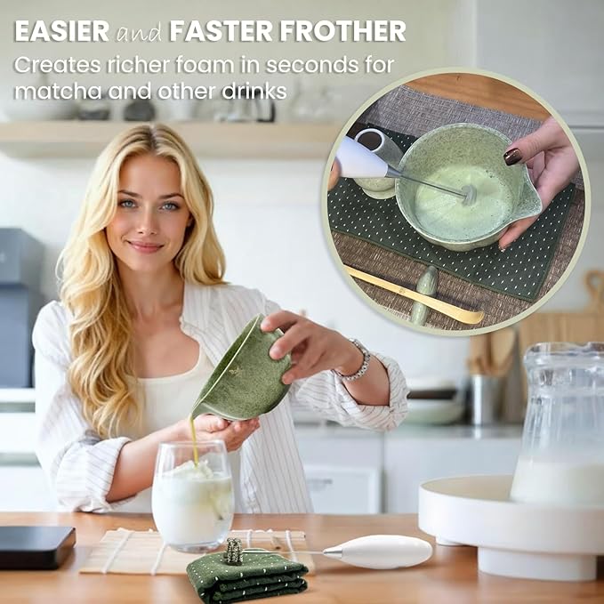 Matcha Whisk Set Incl. Ceramic Bowl With Spout, Whisk (Chasen), Stand, Bamboo Scoop, Sifter, Electric Frother, Tea Towel etc. 9 Pcs Matcha Making Starter Kit, Mottled Green