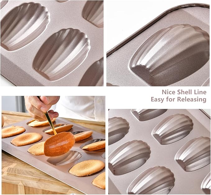Madeleine Pans for Baking (2-Pack) 12 cup Madlen Mold Makes Shell Shape Cake Cookies Nonstick Carbon Steel Madeline Tray for Oven Gold