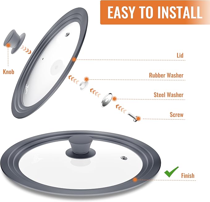 Universal Lids for Pots, Pans and Skillets, 10.5", 11" and 12" Pan Lid, Tempered Glass Pot Lid with Silicone Rim Heat Resistant, Replacement Pan Cover for Frying, Cookware & Bakeware Lids, Grey