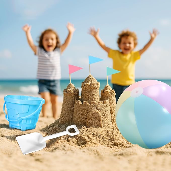 Lunmon 36 Pcs Beach Toys for Kids 12 Set Sand Buckets Shovels Bulk Pastel Beach Balls Inflatable Sand Toys for Girls Boys Toddlers Games Birthday Summer Pool Party Favor (Macaron, Castle)